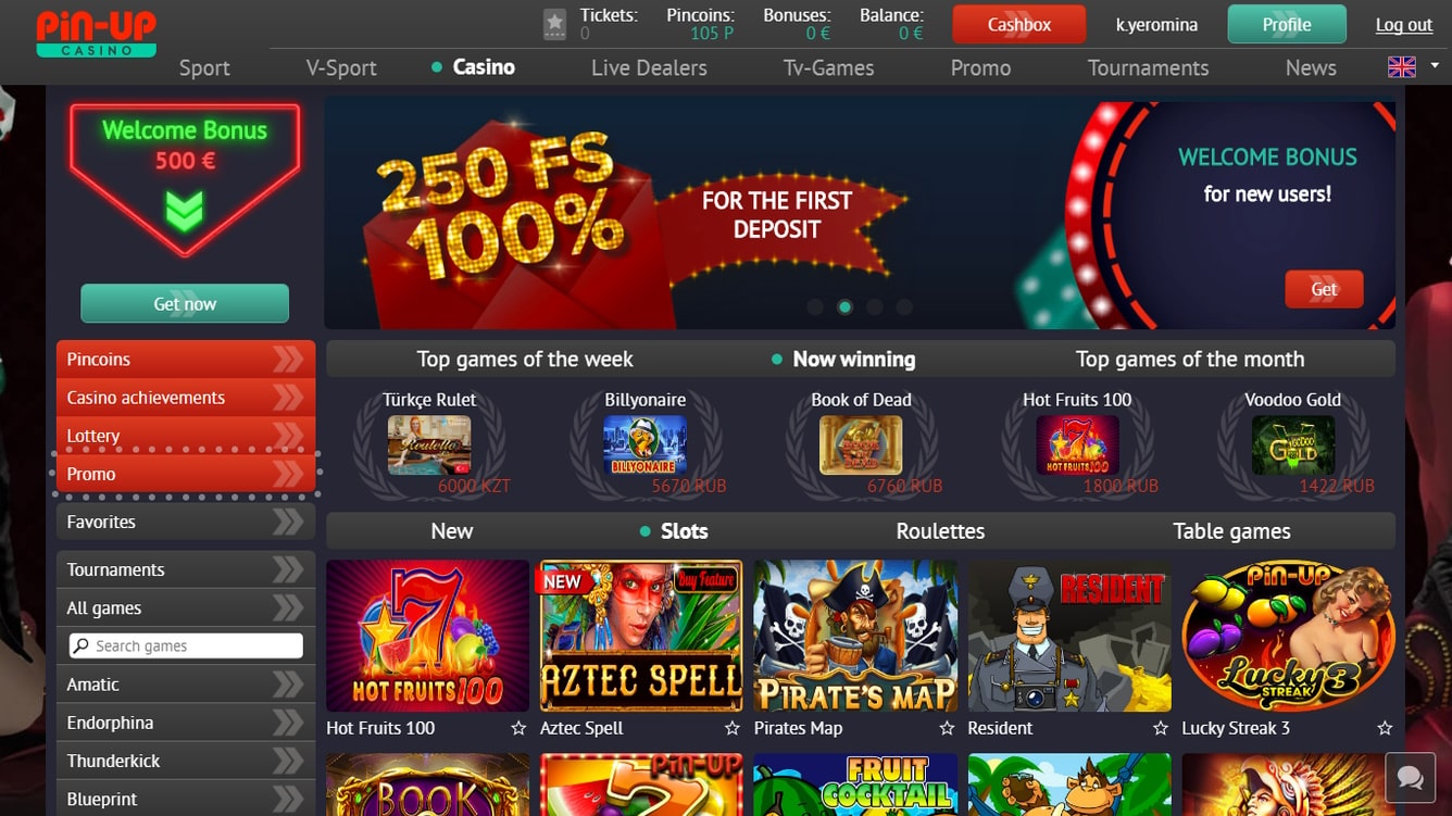 A promotional banner showcasing Pin Up Casino's latest bonus offers
